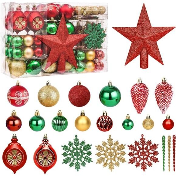100PCS Christmas Tree Balls Ornaments Set with Christmas Tree Topper, Gold+Red
